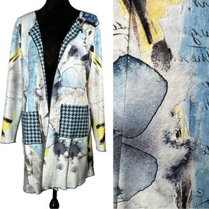 Floral Houndstooth Reversible Jacket Open Front Blue White Patchwork Graphic